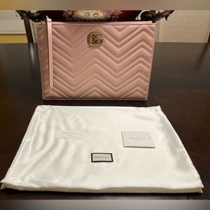 New Gucci GG Marmont Matelasse Pink Leather Clutch Pouch Large